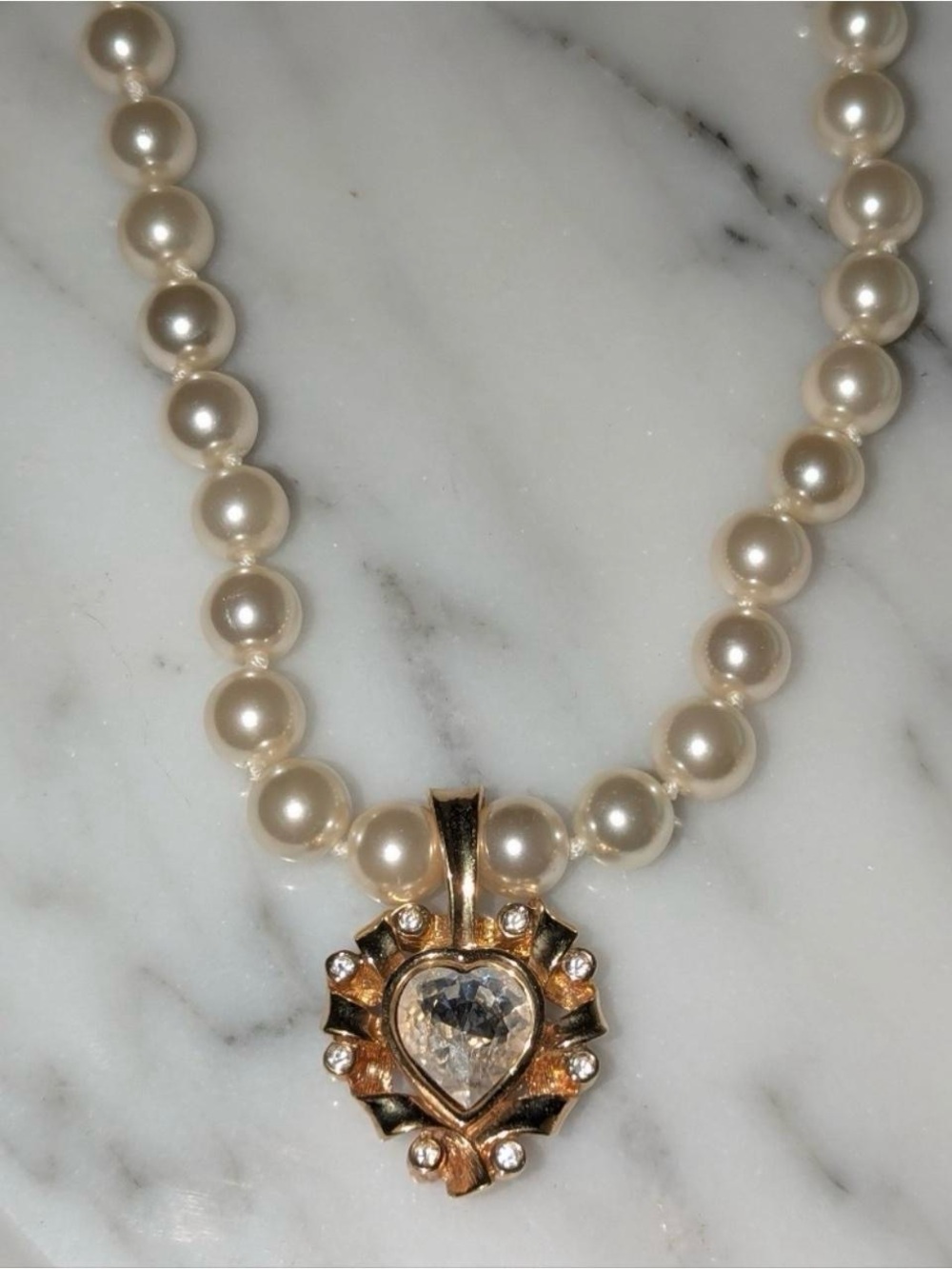 Swarovski Vintage Heart Pearl Look Necklace SAL S.A.L. Gold Plated Gold Tone - Picture 7 of 8